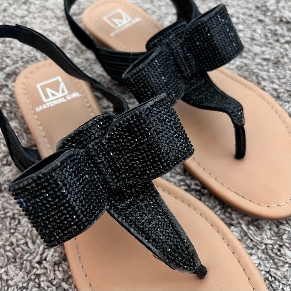 Material Girl Black and Tan Sandals with Glitter Bow
